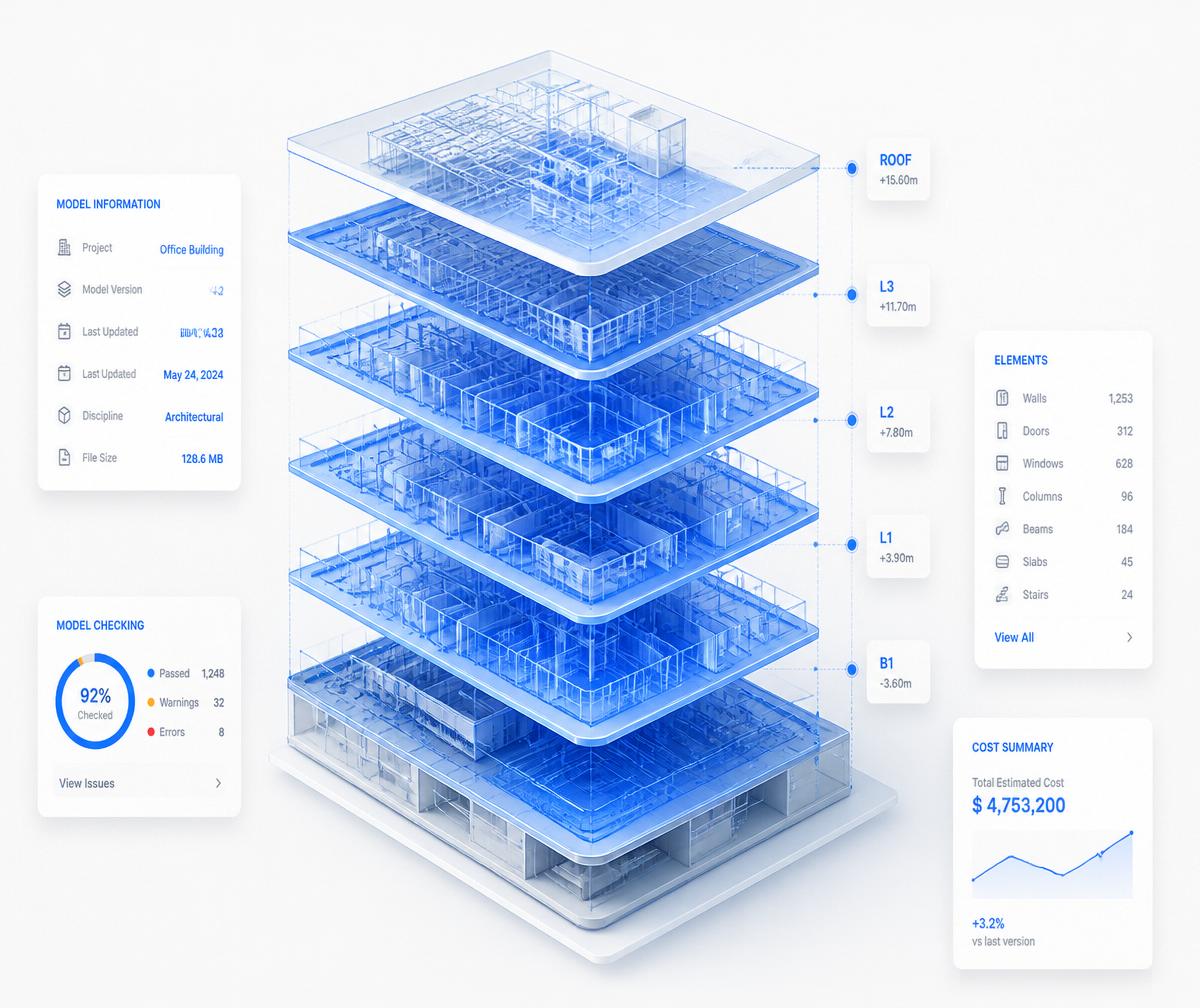 Exploded isometric BIM model with layered floors and data panels